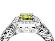 Milgrain Halo Engagement Ring Setting for Fancy Yellow Emerald Cut Center with Pave Band and Prong Head in White Gold