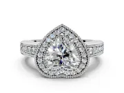 Milgrain Halo Engagement Ring Setting for Heart-Shaped Center with Pave Band and Prong Head in Platinum