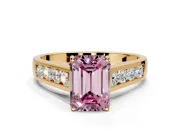 Solitaire Engagement Ring Setting for Fancy Pink Emerald Cut Center with Round Cut Channel Band and Prong Head in Yellow Gold