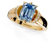 Solitaire Engagement Ring Setting for Fancy Blue Emerald Cut Center with Wide Band, Pave Collar and Prong Head in Yellow Gold