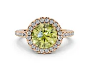 Pave Halo Engagement Ring Setting for Fancy Yellow Round Cut Center with Single Row Pave Band and Prong Head in Rose Gold