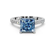 Solitaire Engagement Ring Setting for Fancy Blue Princess Cut Center with Widening Pave Band and Claw Prong Head in Platinum
