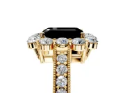 Halo Engagement Ring Setting for Fancy Black Emerald Cut Center with Milgrain Channel Band and Prong Head in Yellow Gold