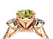 3 Stone Engagement Ring Setting for Fancy Yellow Round Cut Center with Crossover Basket, Pave Band and Prong Head in Rose Gold