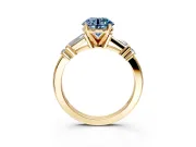 Bar-Set Engagement Ring Setting for Fancy Blue Round Cut Center with Tapered Baguette Accents and Prong Head in Yellow Gold