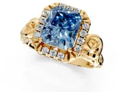 Halo Engagement Ring Setting for Fancy Blue Radiant Cut Center with Open Scroll Shoulders and Prong Head in Yellow Gold