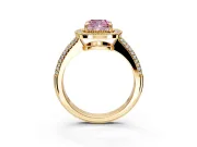 Milgrain Halo Engagement Ring Setting for Fancy Pink Cushion Cut Center with Three-Sided Pave Band and Prong Head in Yellow Gold