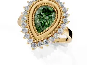 Halo Engagement Ring Setting for Fancy Green Pear-Shaped Center with Milgrain Bezel Rim, Plain Band and Prong Head in Yellow Gold