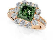 Halo Engagement Ring Setting for Fancy Green Princess Cut Center with Milgrain Channel Band and Prong Head in Rose Gold