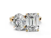 Oval and Emerald Cut Lab-Grown Diamond Toi et Moi Engagement Ring with Prong-Set Stones in Yellow Gold