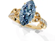 Leaf Motif Engagement Ring Setting for Fancy Blue Marquise Center with Pave Band and Prong Head in Yellow Gold