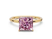 Solitaire Engagement Ring Setting for Fancy Pink Princess Cut Center with Plain Band, Open Basket and Prong Head in Yellow Gold
