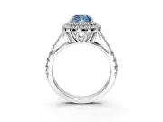Double Halo Engagement Ring Setting for Fancy Blue Cushion Cut Center with Narrow Pave Split Shank and Prong Head in Platinum