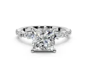 Solitaire Engagement Ring Setting for Princess Cut Center with Alternating Size Accents and Prong Head in White Gold