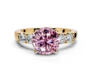 5 Stone Engagement Ring Setting for Fancy Pink Round Cut Center with Plain Band and Prong Head in Yellow Gold