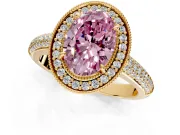 Milgrain Halo Engagement Ring Setting for Fancy Pink Oval Center with Three-Sided Pave Band and Prong Head in Yellow Gold