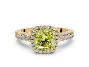 Halo Engagement Ring Setting for Fancy Yellow Cushion Cut Center with Full Pave Band and Prong Head in Yellow Gold