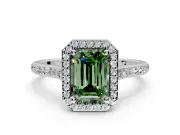 Halo Engagement Ring Setting for Fancy Green Emerald Cut Center with Pave Accents, Heart Basket and Prong Head in Platinum