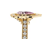 Halo Engagement Ring Setting for Fancy Pink Pear-Shaped Center with Milgrain Pave Band and Bezel Head in Yellow Gold