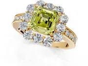 Halo Engagement Ring Setting for Fancy Yellow Asscher Cut Center with Milgrain Channel Band and Prong Head in Yellow Gold