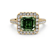 Halo Engagement Ring Setting for Fancy Green Asscher Cut Center with Raised Halo, Pave Band and Prong Head in Yellow Gold