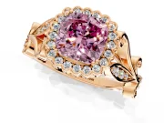 Halo Engagement Ring Setting for Fancy Pink Cushion Cut Center with Leaf Motif Split Shank and Prong Head in Rose Gold