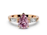 3 Stone Engagement Ring Setting for Fancy Pink Pear-Shaped Center with Tapered Baguettes, Plain Band and Prong Head in Rose Gold