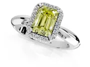 Halo Engagement Ring Setting for Fancy Yellow Emerald Cut Center with Tapered Plain Band and Prong Head in Platinum