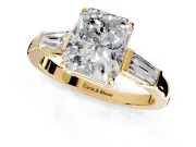 3 Stone Engagement Ring Setting for Radiant Cut Center with Baguette Accents and Prong Head in Yellow Gold