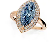 Halo Engagement Ring Setting for Fancy Blue Marquise Center with Plain Tapered Band and Prong Head in Rose Gold