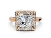 Halo Engagement Ring Setting for Princess Cut Center with Plain Tapered Band and Prong Head in Rose Gold