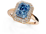 Halo Engagement Ring Setting for Fancy Blue Radiant Cut Center with Plain Tapered Band and Prong Head in Rose Gold