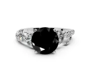 Leaf Motif Engagement Ring Setting for Fancy Black Round Cut Center with Pave Band and Prong Head in Sterling Silver