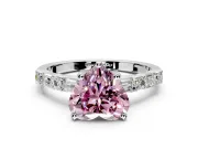 Baguette Engagement Ring Setting for Fancy Pink Heart-Shaped Center with Alternating Bar-Set Band and Prong Head in White Gold