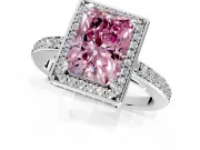 Halo Engagement Ring Setting for Fancy Pink Radiant Cut Center with Metal-Rimmed Halo, Pave Band and Prong Head in Platinum