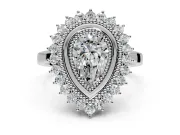 Halo Engagement Ring Setting for Pear-Shaped Center with Milgrain Bezel Rim, Plain Band and Prong Head in Platinum