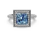 Milgrain Halo Engagement Ring Setting for Fancy Blue Princess Cut Center with Three-Sided Pave Band and Prong Head in White Gold