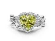 Halo Engagement Ring Setting for Fancy Yellow Heart-Shaped Center with Leaf Motif Split Shank and Prong Head in Platinum