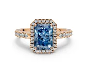 Accent Halo Engagement Ring Setting for Fancy Blue Radiant Cut Center with Full-Length Pave Band and Prong Head in Rose Gold