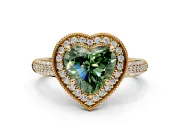 Milgrain Halo Engagement Ring Setting for Fancy Green Heart-Shaped Center with Three-Sided Pave Band and Prong Head in Yellow Gold