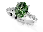 Solitaire Engagement Ring Setting for Fancy Green Oval Center with Trailing Leaf Accent Band and Prong Head in White Gold