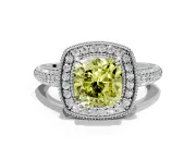 Milgrain Halo Engagement Ring Setting for Fancy Yellow Cushion Cut Center with Three-Sided Pave Band and Prong Head in Platinum