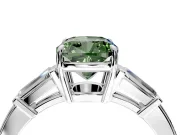 3 Stone Engagement Ring Setting for Fancy Green Cushion Cut Center with Baguette Accents and Prong Head in White Gold