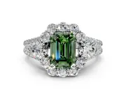Halo Engagement Ring Setting for Fancy Green Emerald Cut Center with Two-Strand Split Shank and Prong Head in Platinum