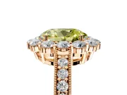 Halo Engagement Ring Setting for Fancy Yellow Oval Center with Milgrain Channel Band and Prong Head in Rose Gold