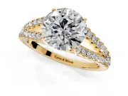 Solitaire Engagement Ring Setting for Round Cut Center with Pave Split Shank and Prong Head in Yellow Gold