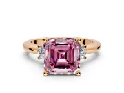 3 Stone Engagement Ring Setting for Fancy Pink Asscher Cut Center with Wide Plain Band and Prong Head in Rose Gold