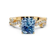 Solitaire Engagement Ring Setting for Fancy Blue Radiant Cut Center with Bar-Station Pave Twist and Prong Head in Yellow Gold