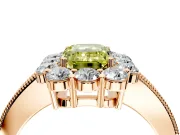 Halo Engagement Ring Setting for Fancy Yellow Emerald Cut Center with Milgrain Channel Band and Prong Head in Rose Gold