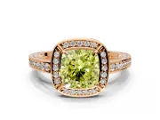 Halo Engagement Ring Setting for Fancy Yellow Cushion Cut Center with Framed Halo, Pave Band and Prong Head in Rose Gold